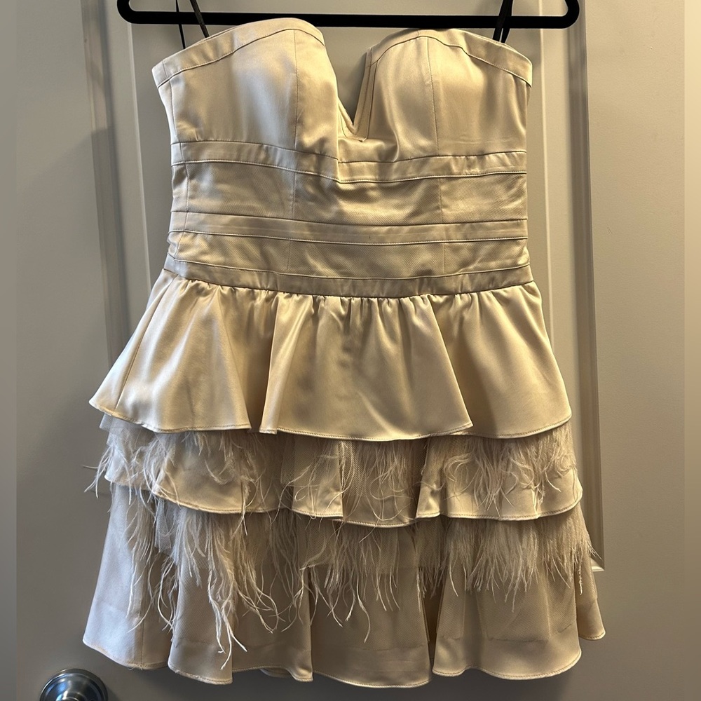 Bebe Strapless Dress with Feathers and Boning